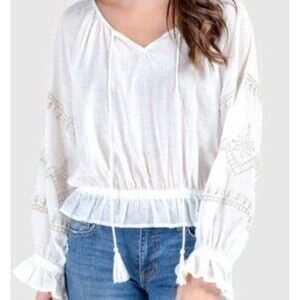 Lush Peasant Blouse WMNS L White Boho Cottagecore Feminine Ruffle V-Neck Top